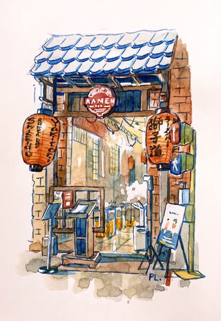 Artist sketchbook tips; watercolour art of a Chinese store