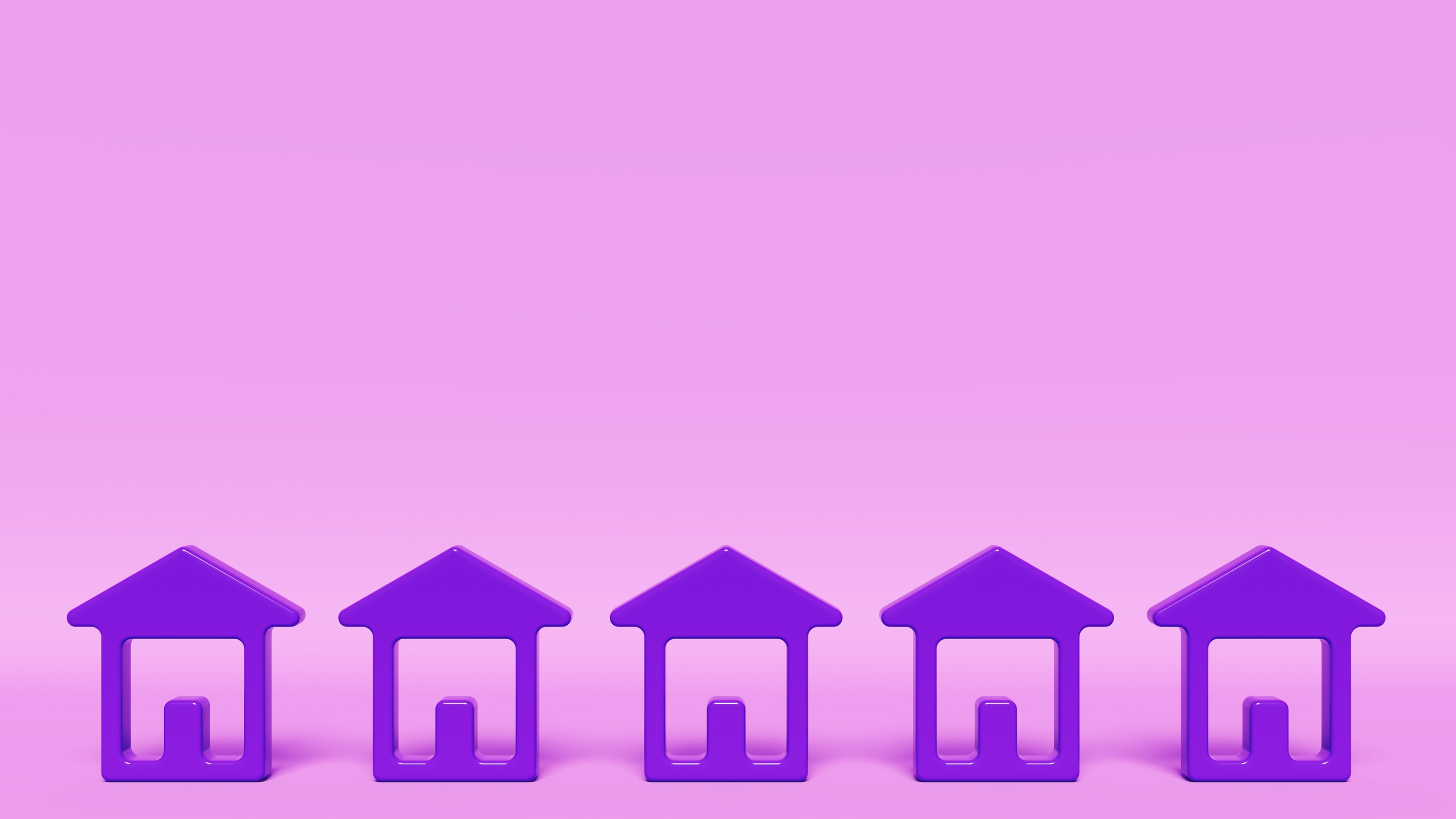 Five purple house icons against a pink background.