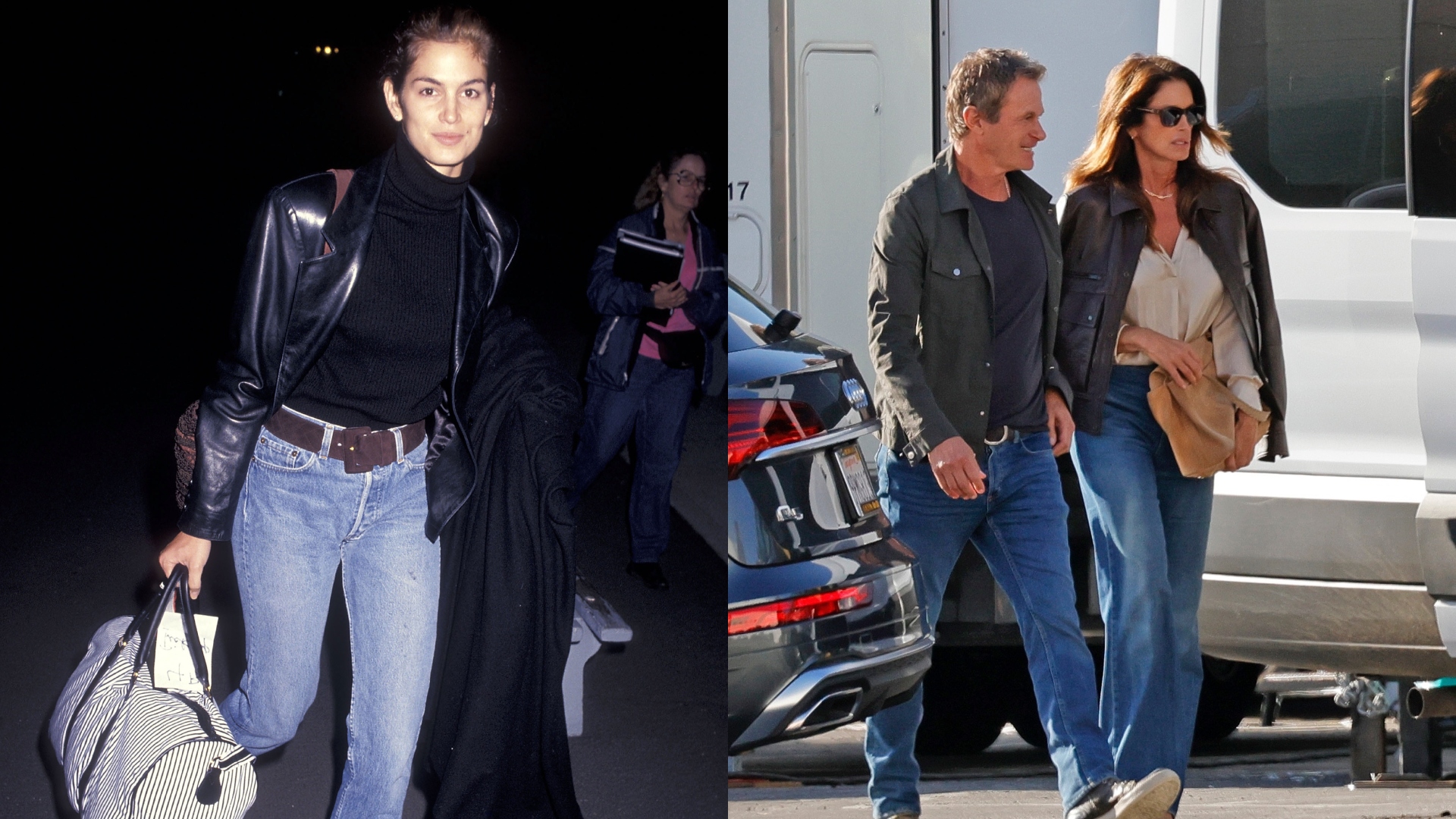 An image of Cindy Crawford wearing two different jeans outfits, one in 1991 and one in 2026.
