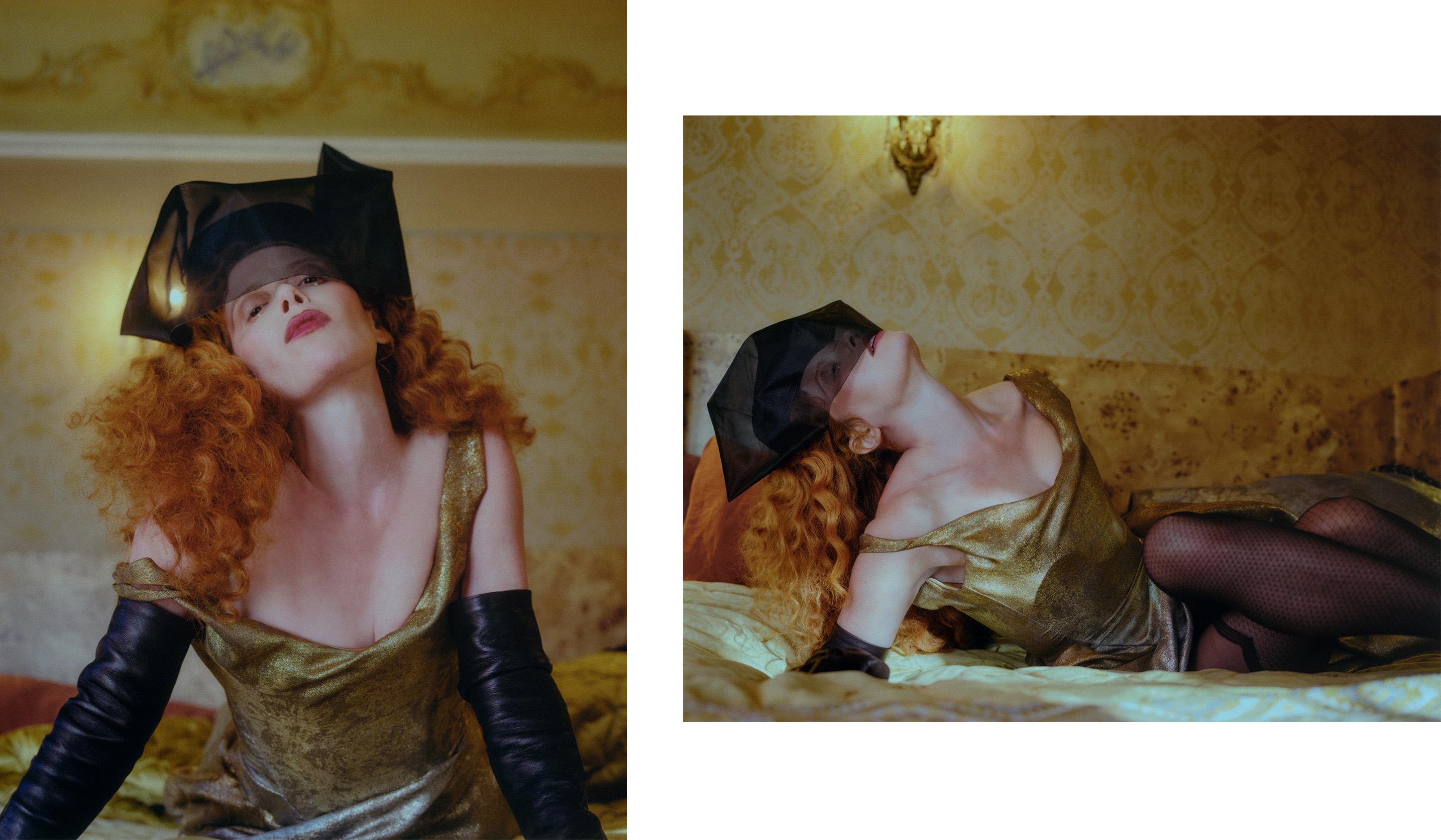Natasha Lyonne wearing an olive Vivienne Westwood dress and a black headpiece