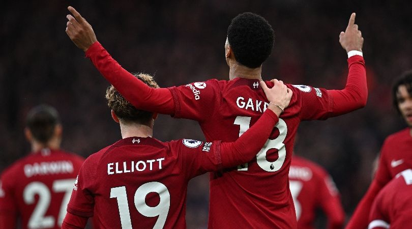 Cody Gakpo celebrates after scoring in Liverpool&#039;s 7-0 win over Manchester United in March 2023.