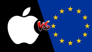 Apple logo on a split image with the EU flag and "VS" in stylized text between them