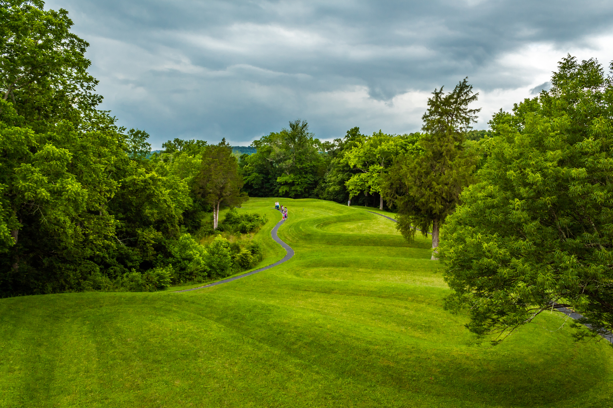 A view of the rolling hills of the green "Great Serpent Mound" in Adams County, Ohio.