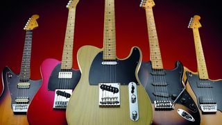 A line up of five Fender Stratocasters and Telecasters
