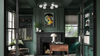 home office decorated in dark green with variety of lighting in white finish