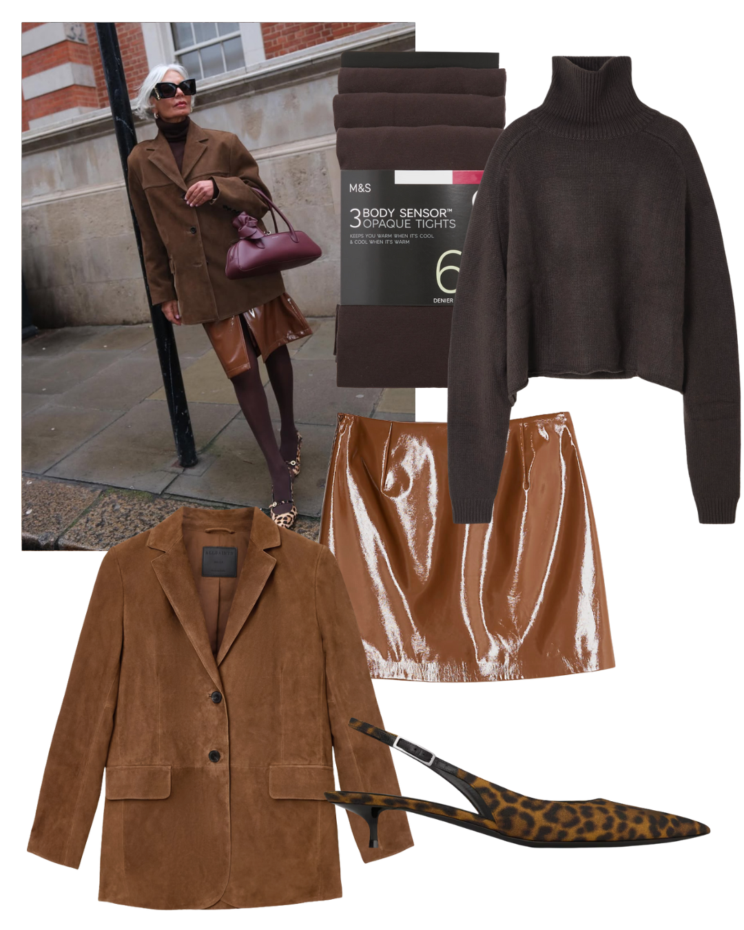 @greceghanem wears brown blazer and skirt