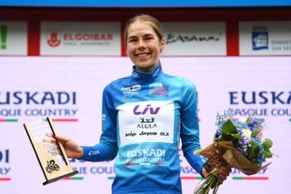 Ella Wyllie (Liv-AlUla-Jayco) celebrates at podium as Blue Best Young Rider Jersey winner of Itzulia Women
