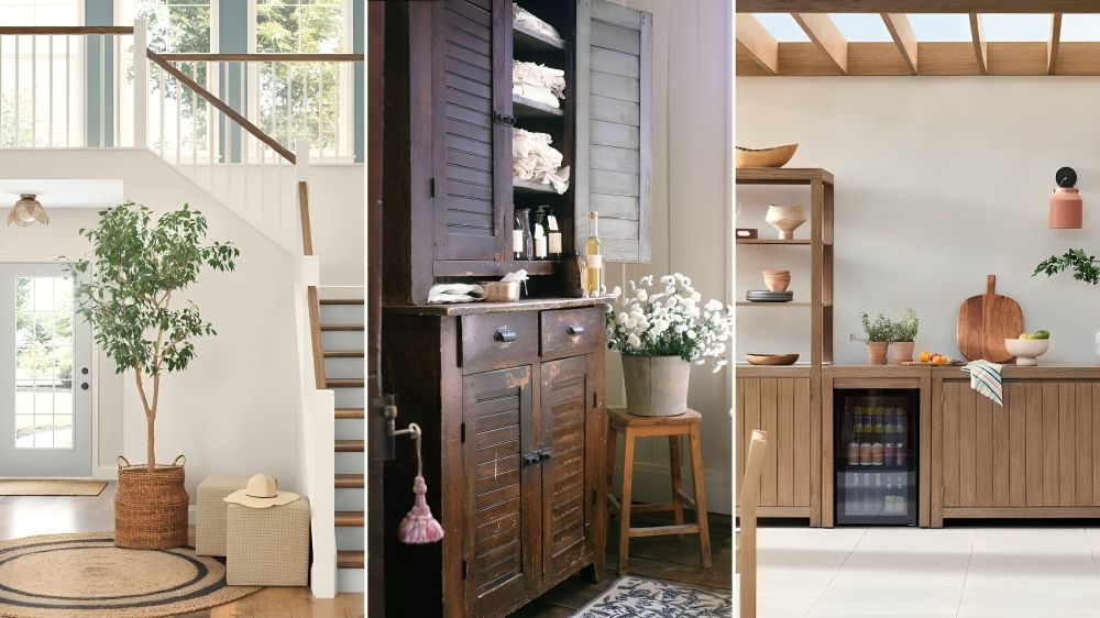 A bright white entryway with a large staircase / A dark wooden linen closet with partial open doors showing white towels and linens / west elm outdoor wooden kitchen