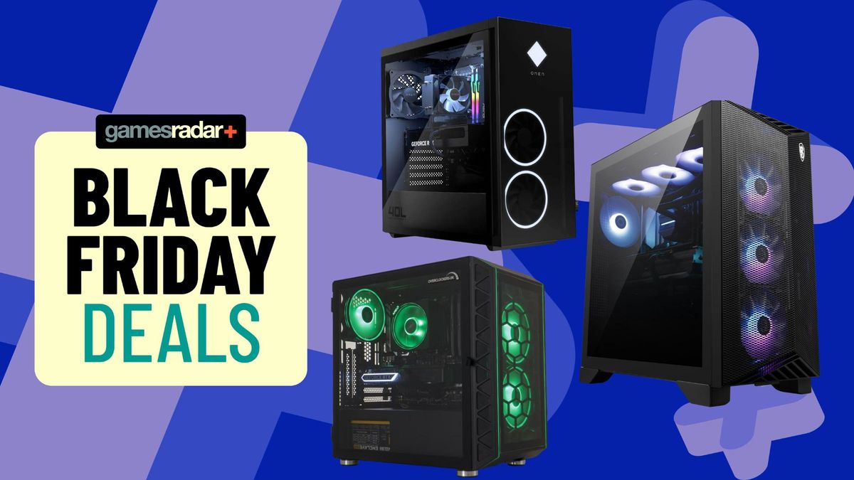 Some gaming PCs on top of a blue Black friday background