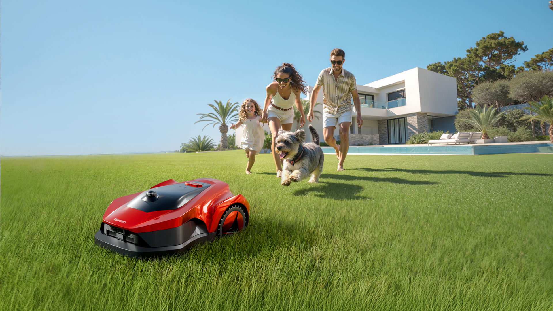 A family running after the iGarden L/L AWD Series lawn mower.