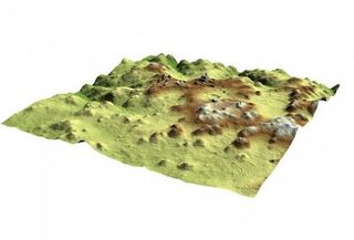 A color LiDAR image of the Maya landscape shows the density of terracing in the ancient city of Caracol.