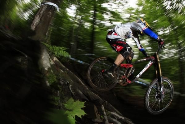 World Cup winner Aaron Gwin (Trek World Racing) going fast downhill