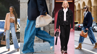 a collage showing wide leg jeans on women