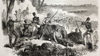 Old illustration of British soldiers defending against insurgents near Delhi