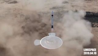 LinkSpace's RLV-T5 rocket prototype nears its landing pad during an April 19, 2019 test flight. The company is pursuing vertical launch vertical landing technology for space missions.