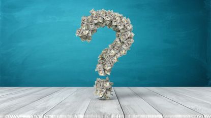 Question mark made of money with aqua background