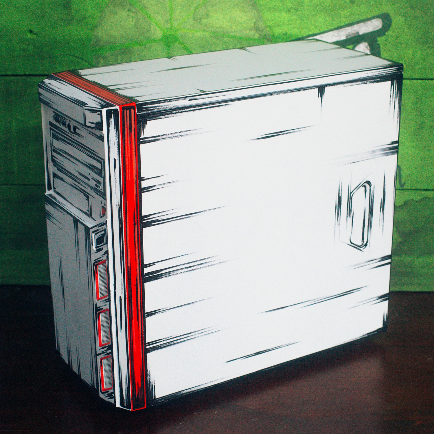 SuccessfulHost6375's cel shaded, hand-drawn PC case on a desk with a green background