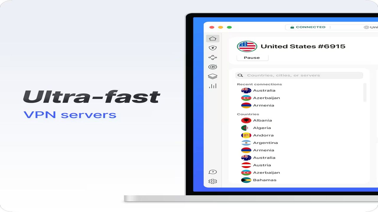 "Ultra-fast VPN servers" is written next to a laptop displaying different countries as locations.