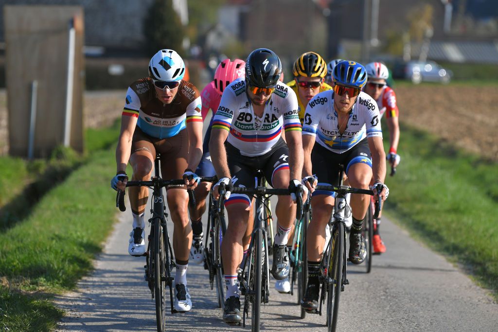 Peter Sagan (Bora-Hansgrohe), Oliver Naesen (AG2R La Mondiale) and Mitchelton-Scott&#039;s Matteo Trentin at the 2019 BinckBank Classic