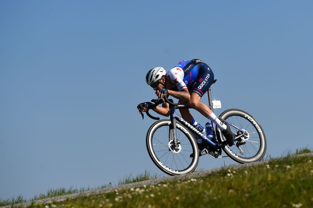 SAN MARINO ITALY MARCH 24 Mattia Cattaneo of Italy and Team QuickStep Alpha Vinyl competes in the breakaway during the 36th Settimana Internazionale Coppi e Bartali 2022 Stage 3 a 1471km stage from San Marino to San Marino 648m CoppieBartali on March 24 2022 in San Marino Italy Photo by Dario BelingheriGetty Images