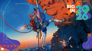Key art for Cairn showing a character clambering up the side of a cliff loaded with rope and gear, with a sunrise in the sky - framed by the GamesRadar+ Big in 2026 frame