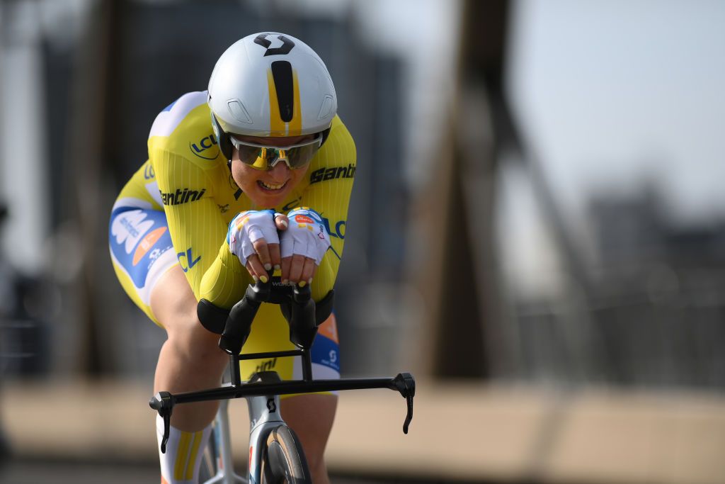 ROTTERDAM NETHERLANDS AUGUST 13 Charlotte Kool of The Netherlands and Team dsmfirmenich PostNL Yellow leader jersey sprints during the 3rd Tour de France Femmes 2024 Stage 3 a 679km individual time trial stage from Rotterdam to Rotterdam UCIWWT on August 13 2024 in Rotterdam Netherlands Photo by Alex BroadwayGetty Images
