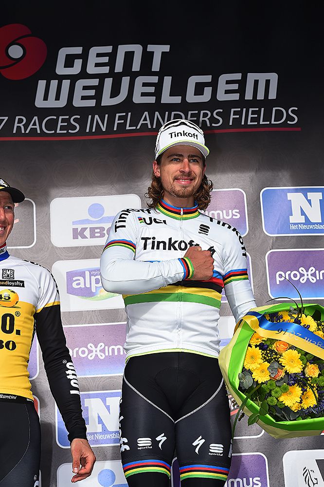 Peter Sagan (Tinkoff) on the podium at Gent-Wevelgem