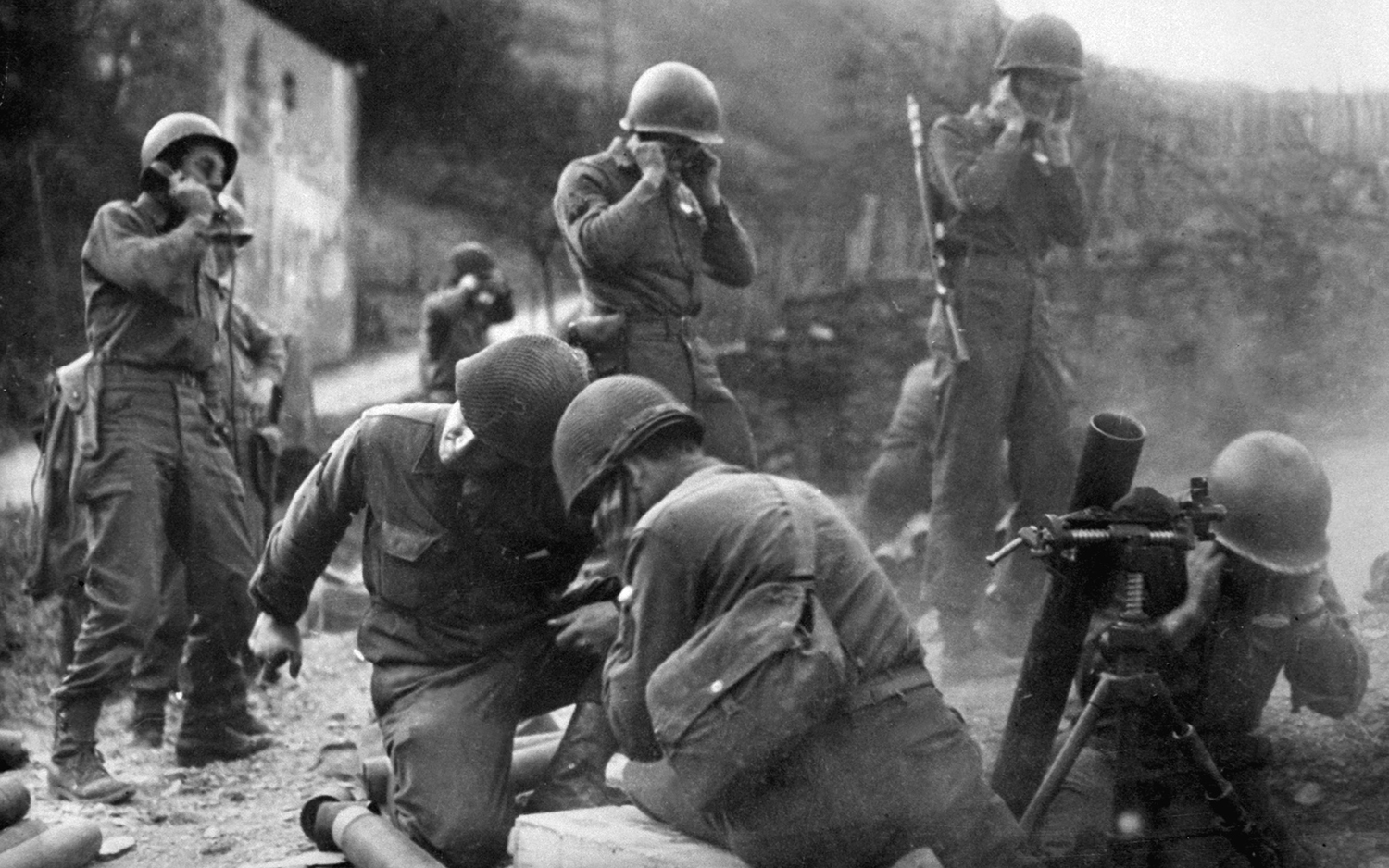 B&W Photo WW2 German Troops in Action with Mortar WWII Wehrmacht World War Two