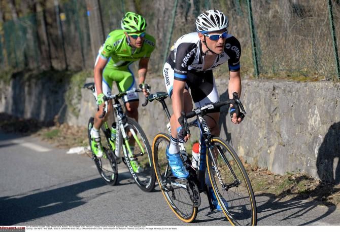 Dries Devenyns (Giant-Shimano) leads Damiano Caruso (Cannondale) in a breakaway attempt.