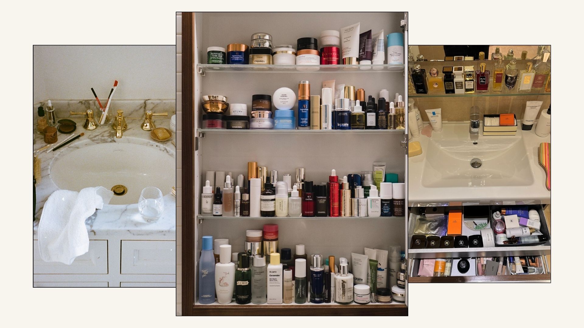 A collage of skincare shelves filled with luxury skincare products