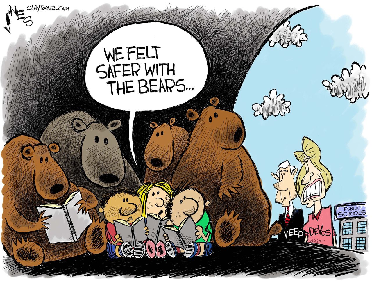 Political Cartoon U.S. Betsy DeVos Mike Pence grizzly bears