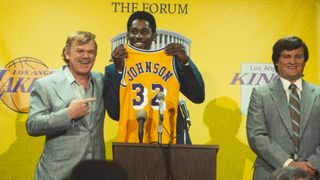 John C. Reilly as Jerry Buss, Quincy Isaiah as Magic Johnson and Jason Clarke as Jerry West in Winning Time 
