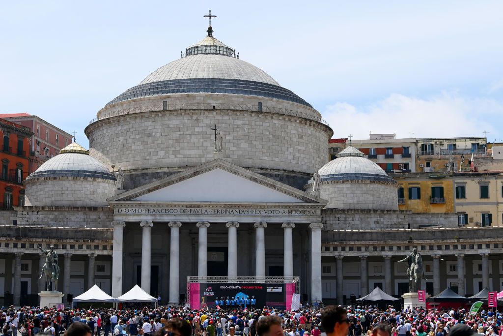 NAPOLI ITALY MAY 14 Lorenzo Fortunato of Italy Vincenzo Albanese of Italy Davide Bais of Italy Erik Fetter of Hungary Francesco Gavazzi of Italy Mirco Maestri of Italy Samuele Rivi of Italy Diego Rosa of Italy and EoloKometa Cycling Team during the team presentation at Plaza Plebiscito prior to the 105th Giro dItalia 2022 Stage 8 a 153km stage from Napoli to Napoli Giro WorldTour on May 14 2022 in Napoli Italy Photo by Tim de WaeleGetty Images