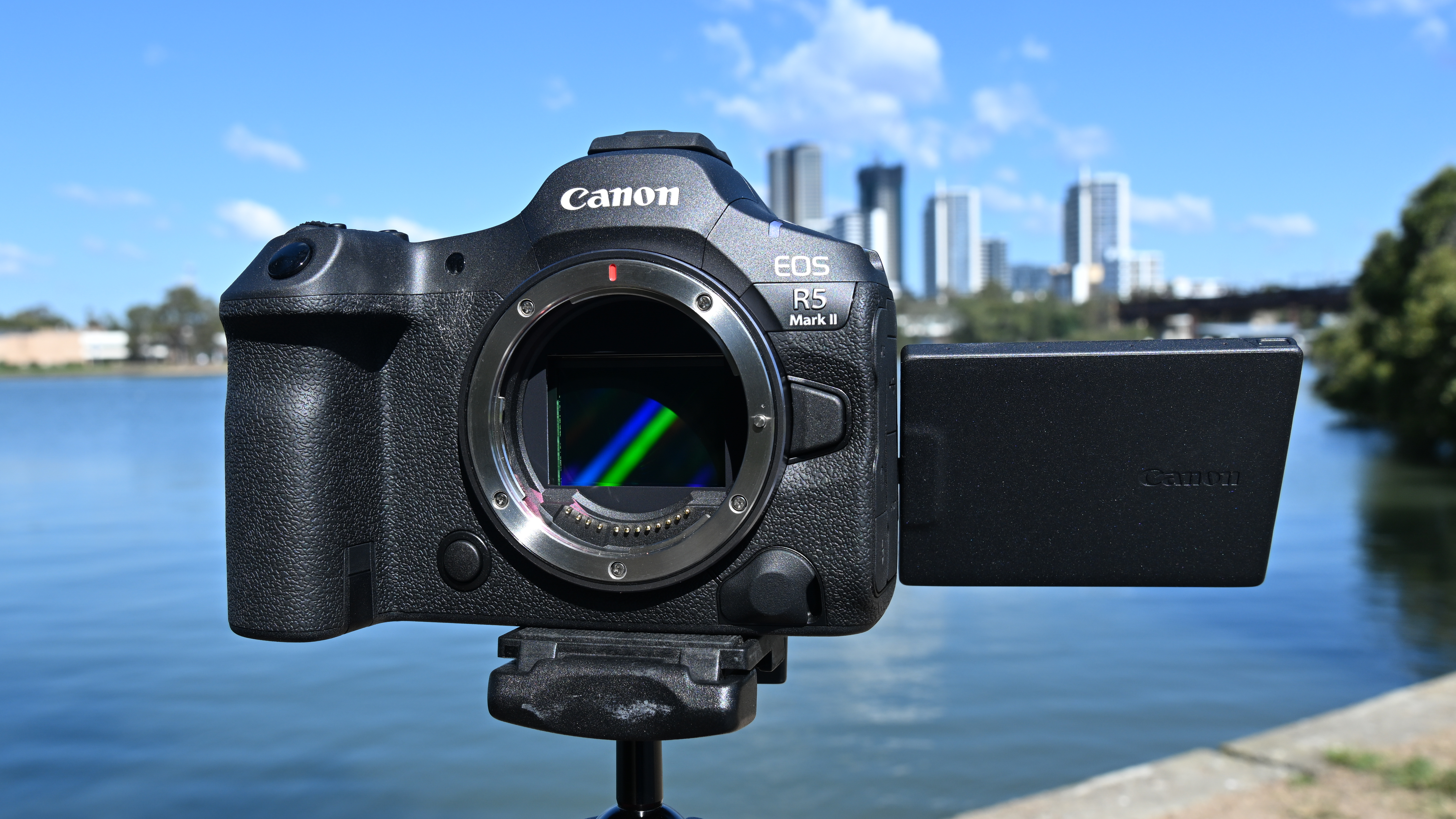 The sensor shutter and the LCD screen opened on the Canon EOS R5 Mark II