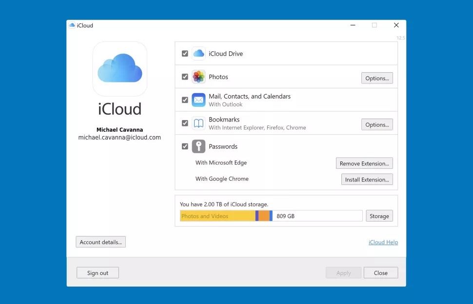 iCloud options on Windows