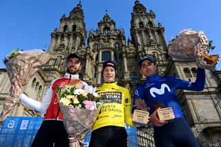 2023 El Gran Camiño: the final podium, l-r Jesus Herrada, Jonas Vingegaard (winner), Ruben Guerreiro