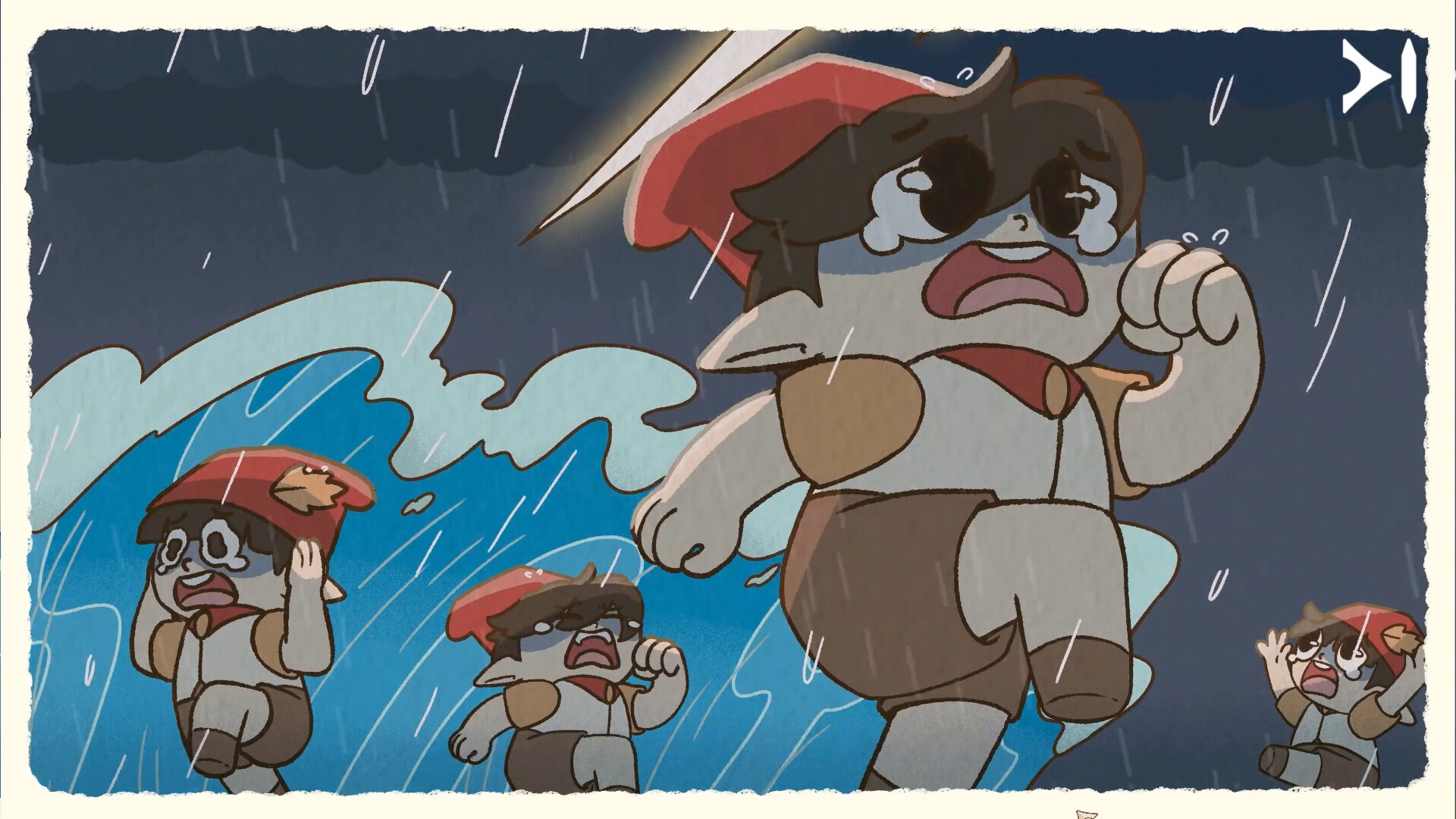 Gnomes running away from a wave of water in Little Tree Kingdom.