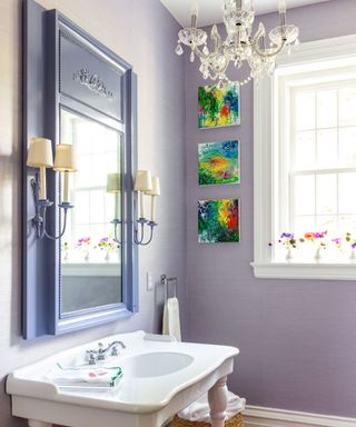 lilac powder room with traditional fixtures