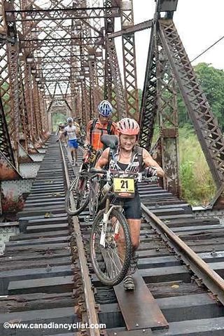 Louise Kobin makes her way across the bridge on her way to winning the stage.