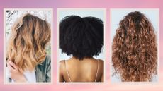 Collage of back view of three different textured hairstyles