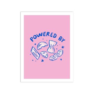 A pink and blue print that says powered by pasta with pasta illustrations