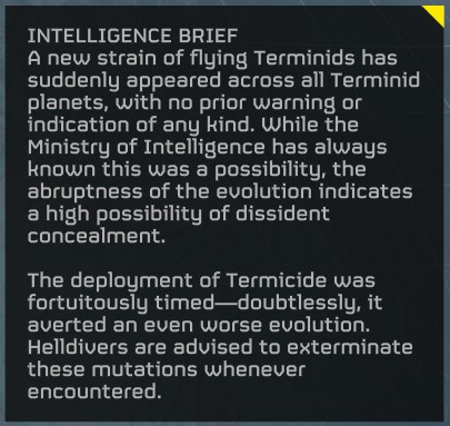A Super Earth dispatch explaining the appearance of flying Terminids in Helldivers 2.