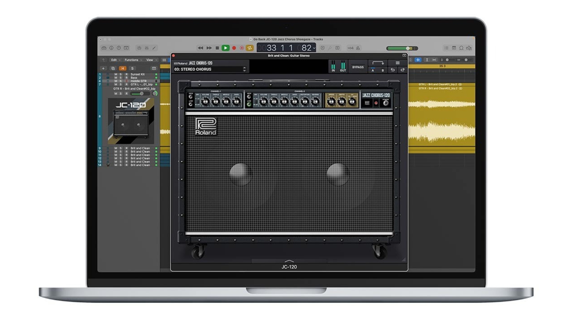 A Roland JC-120 Jazz Chorus plugin on a MacBook