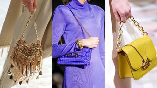 Three models carrying chain handle handbags, illustrating the handbag trends 2024