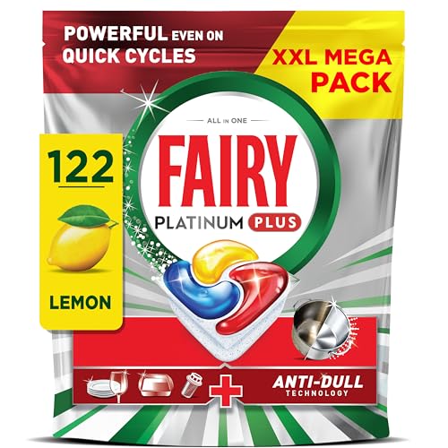 Fairy Platinum Plus Dishwasher Tablets Lemon, 122 Capsules, Impeccable Clean Even in Quick Cycles Without Pre-Wash, Anti-Dull Technology, Super Shine Function, Filter Clean