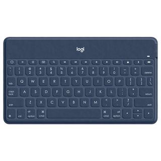 A product shot of the blue Logitech Keys-to-Go wireless keyboard on a white background