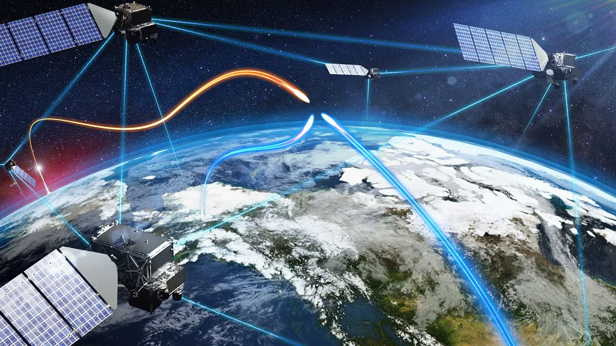 a constellation of satellites shoots beams to each other and down to Earth.