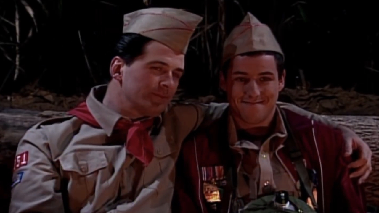 Alec Baldwin as Scoutmaster with his arm around Adam Sandler as Canteen Boy on Saturday Night Live