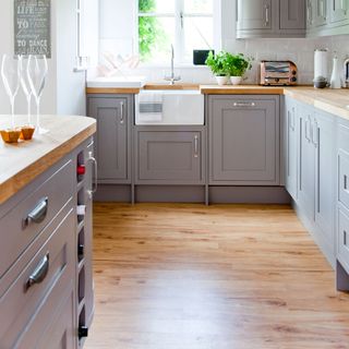 kitchen with wooden flooring potted plant and grey cabinet