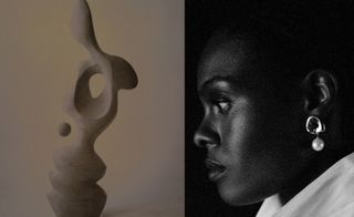 Woman weaing a pearl earring photographed in profile next to a sculpture